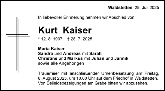 Traueranzeige von Kurt Kaiser von Gmünder Tagespost