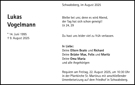 Traueranzeige von Lukas Vogelmann von Schwäbische Post