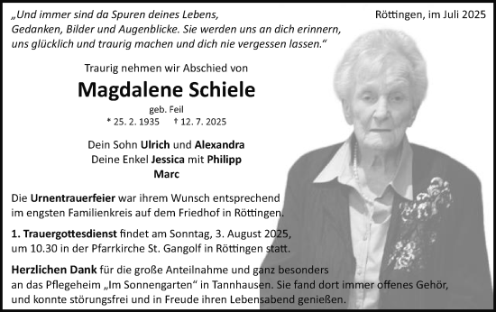 Traueranzeige von Magdalene Schiele von Schwäbische Post