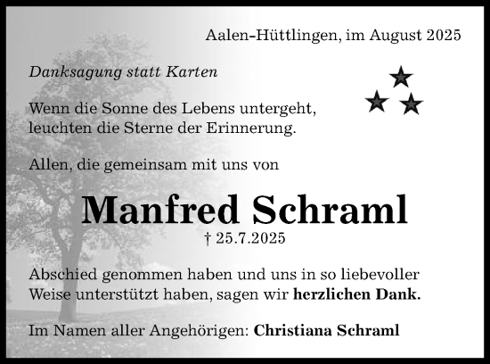 Traueranzeige von Manfred Schraml von Schwäbische Post