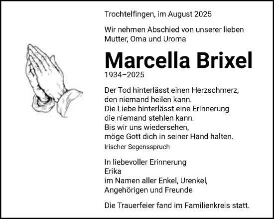 Traueranzeige von Marcella Brixel von Schwäbische Post