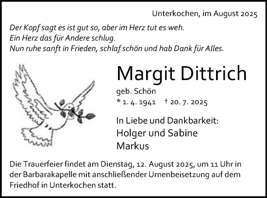 Traueranzeige von Margit Dittrich von Schwäbische Post