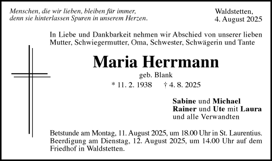 Traueranzeige von Maria Herrmann von Gmünder Tagespost