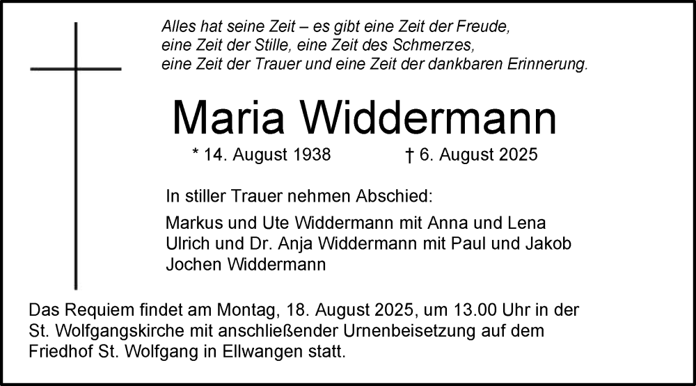  Traueranzeige für Maria Widdermann vom 12.08.2025 aus Schwäbische Post