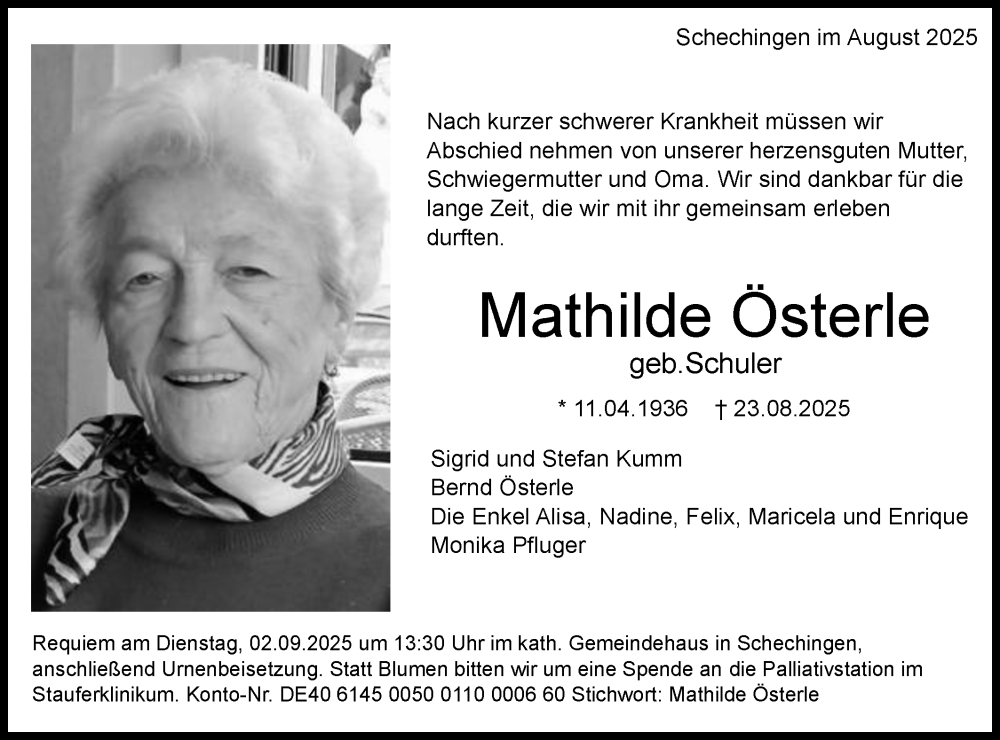  Traueranzeige für Mathilde Österle vom 28.08.2025 aus Gmünder Tagespost