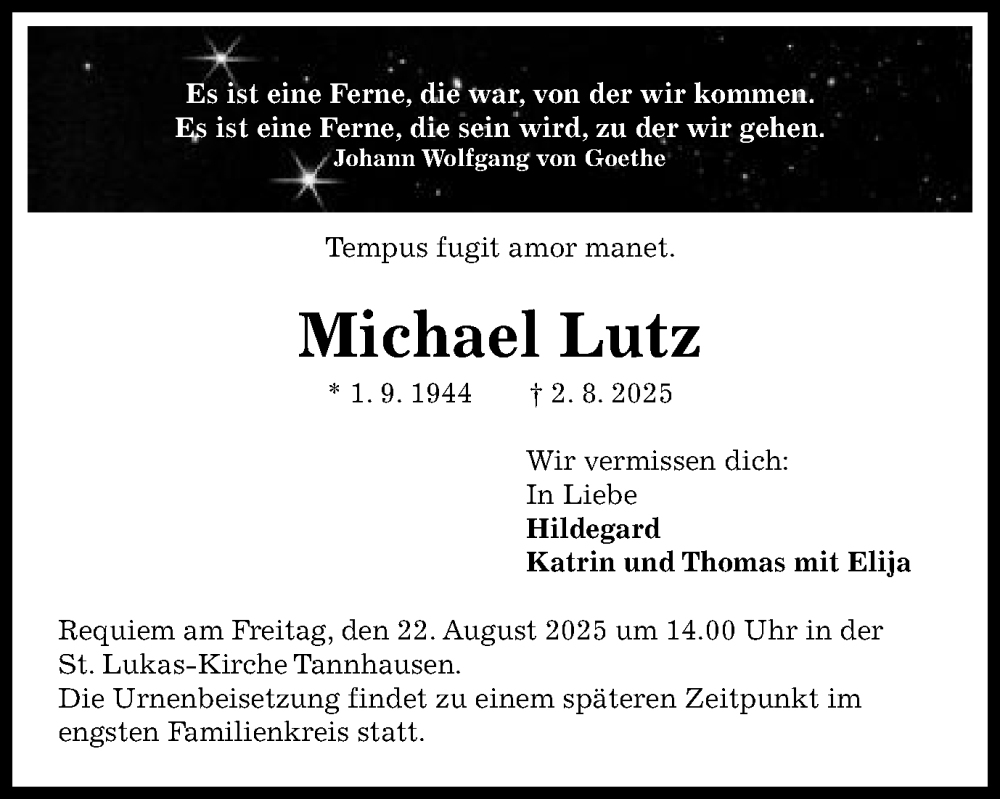  Traueranzeige für Michael Lutz vom 20.08.2025 aus Schwäbische Post