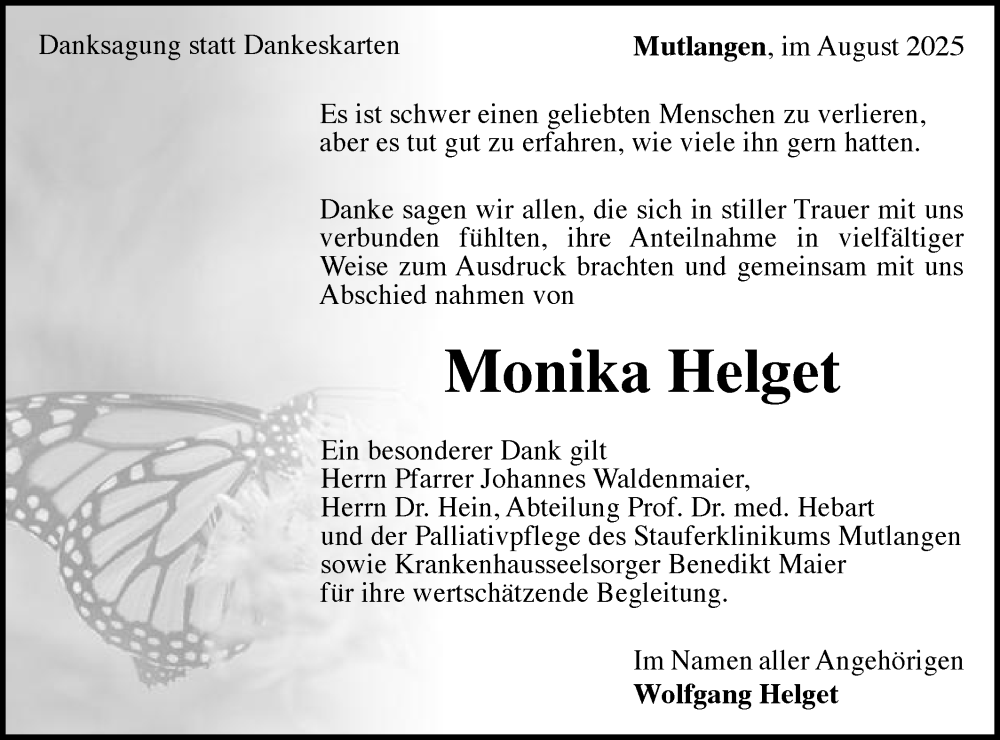  Traueranzeige für Monika Helget vom 08.08.2025 aus Gmünder Tagespost