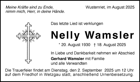 Traueranzeige von Nelly Wamsler von Gmünder Tagespost