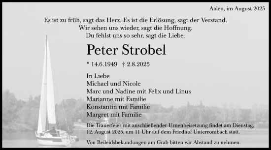 Traueranzeige von Peter Strobel von Schwäbische Post