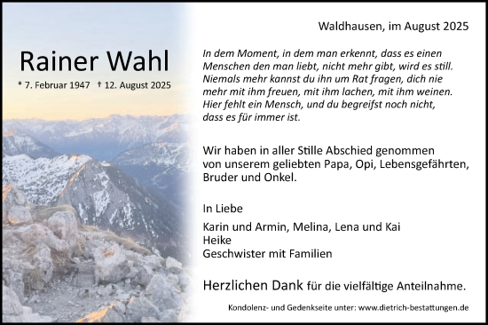 Traueranzeige von Rainer Wahl von Gmünder Tagespost