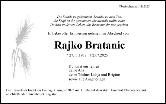 Traueranzeige von Rajko Bratanic von Schwäbische Post