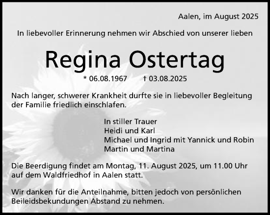 Traueranzeige von Regina Ostertag von Schwäbische Post