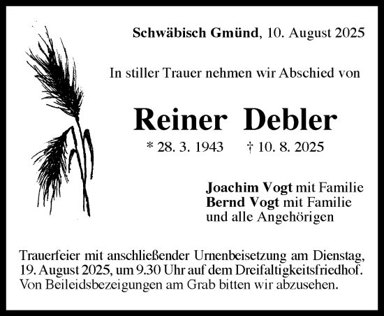 Traueranzeige von Reiner Debler von Gmünder Tagespost
