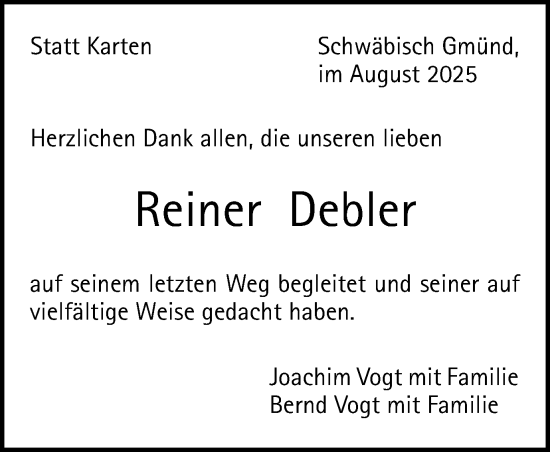Traueranzeige von Reiner Debler von Gmünder Tagespost