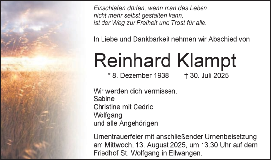 Traueranzeige von Reinhard Klampt von Schwäbische Post