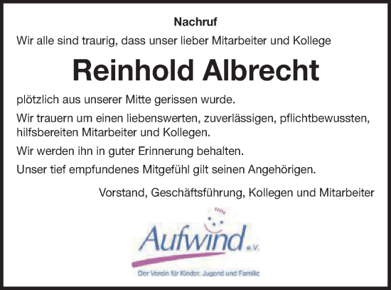 Traueranzeige von Reinhold Albrecht von Schwäbische Post
