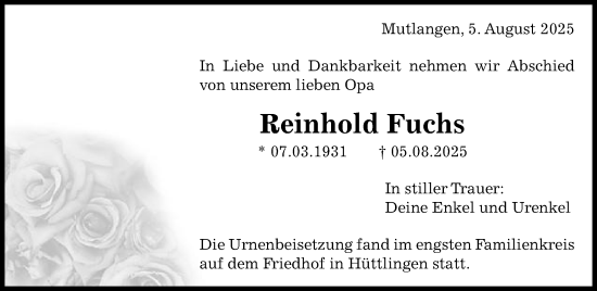 Traueranzeige von Reinhold Fuchs von Schwäbische Post