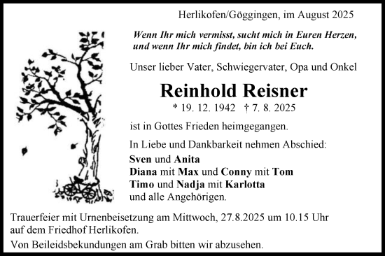 Traueranzeige von Reinhold Reisner von Gmünder Tagespost