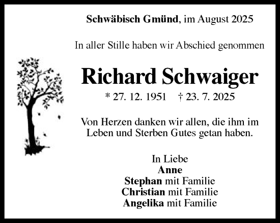 Traueranzeige von Richard Schwaiger von Gmünder Tagespost