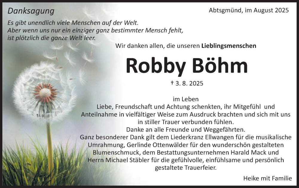  Traueranzeige für Robby Böhm vom 21.08.2025 aus Schwäbische Post