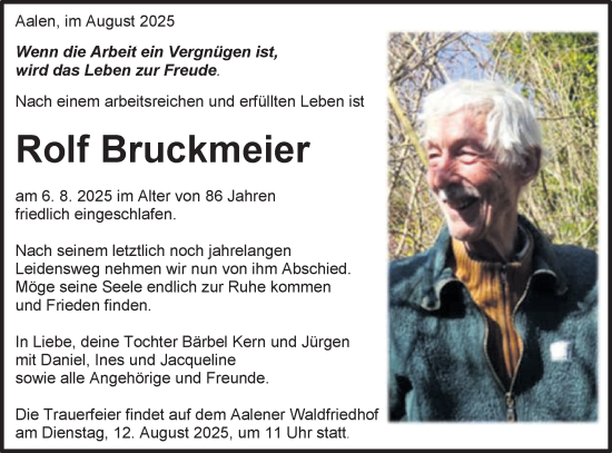 Traueranzeige von Rolf Bruckmeier von Schwäbische Post