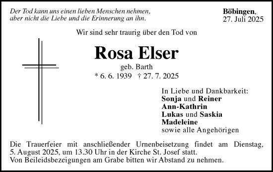 Traueranzeige von Rosa Elser von Gmünder Tagespost