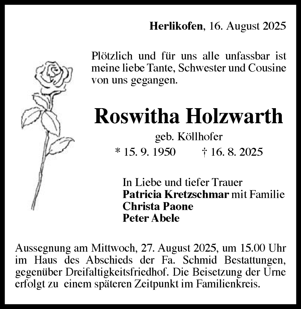  Traueranzeige für Roswitha Holzwarth vom 23.08.2025 aus Gmünder Tagespost
