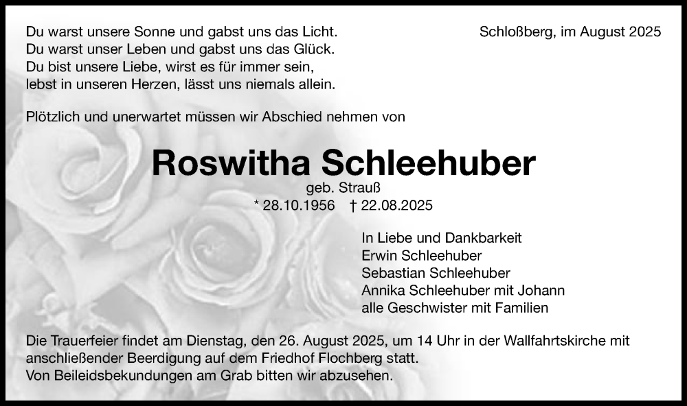  Traueranzeige für Roswitha Schleehuber vom 23.08.2025 aus Schwäbische Post