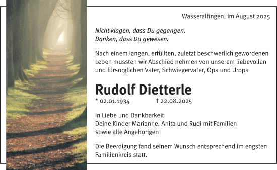 Traueranzeige von Rudolf Dietterle von Schwäbische Post