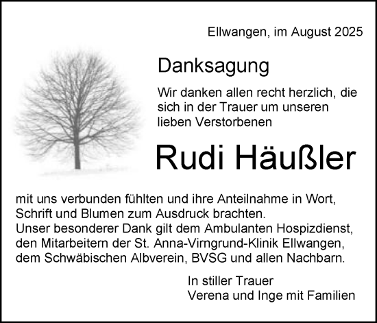 Traueranzeige von Rudolf Häußler von Schwäbische Post