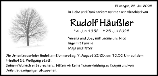 Traueranzeige von Rudolf Häußler von Schwäbische Post