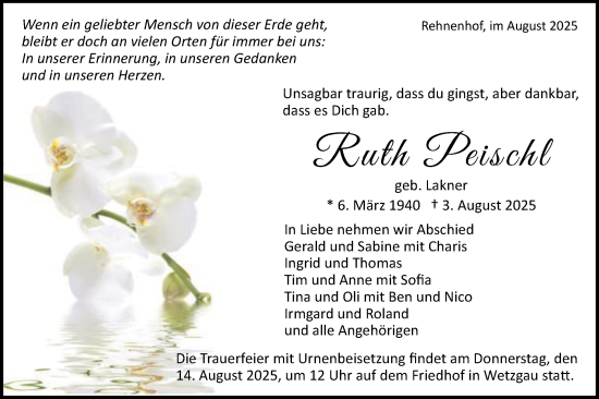 Traueranzeige von Ruth Peischl von Gmünder Tagespost