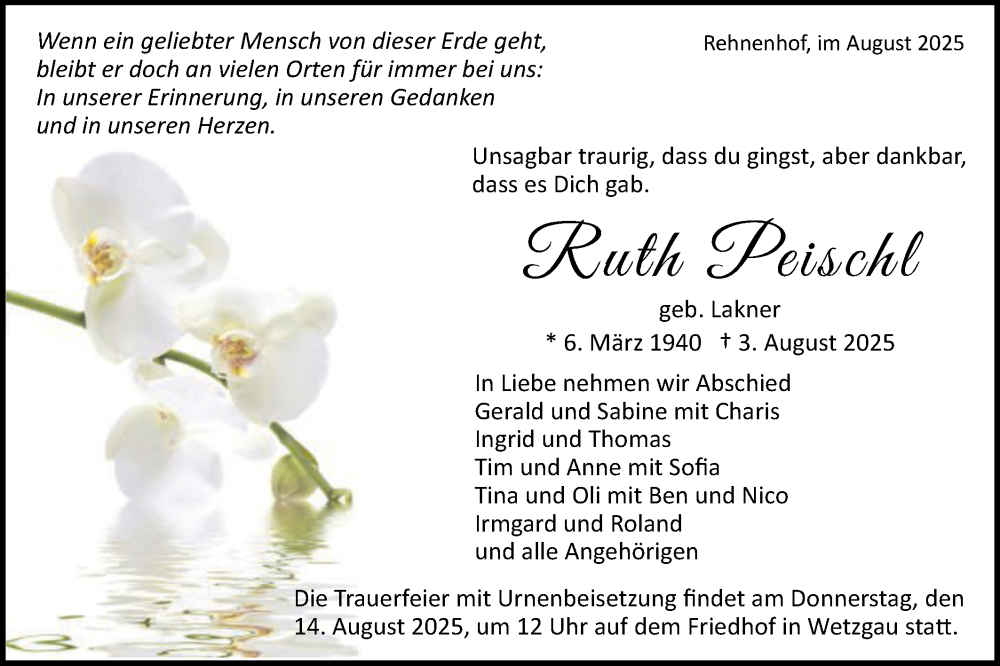  Traueranzeige für Ruth Peischl vom 09.08.2025 aus Gmünder Tagespost