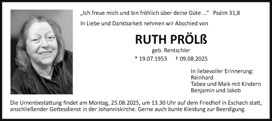 Traueranzeige von Ruth Prölß von Gmünder Tagespost