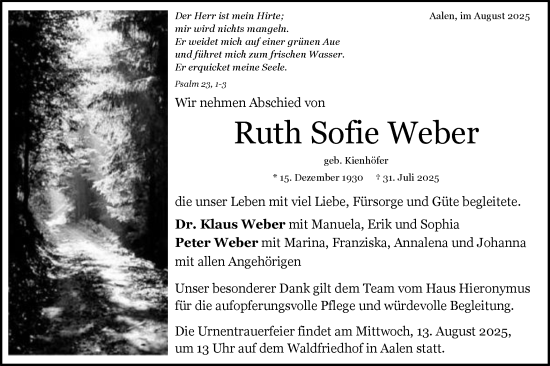 Traueranzeige von Ruth Sofie Weber von Schwäbische Post
