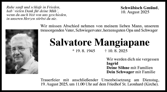 Traueranzeige von Salvatore Mangiapane von Gmünder Tagespost