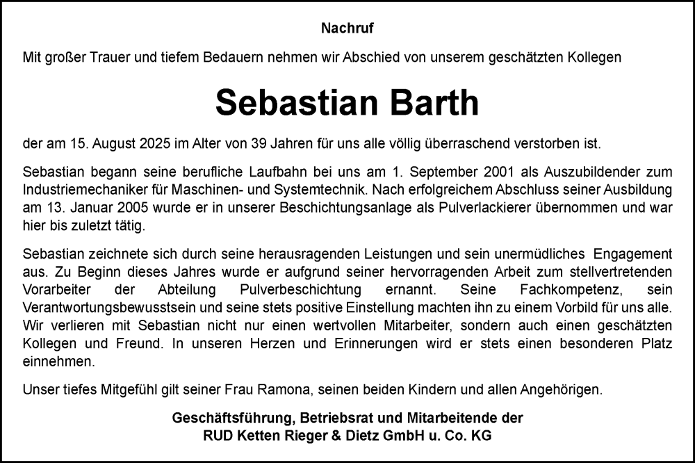  Traueranzeige für Sebastian Barth vom 28.08.2025 aus Schwäbische Post
