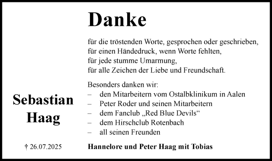 Traueranzeige von Sebastian Haag von Schwäbische Post