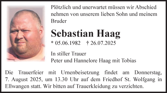Traueranzeige von Sebastian Haag von Schwäbische Post