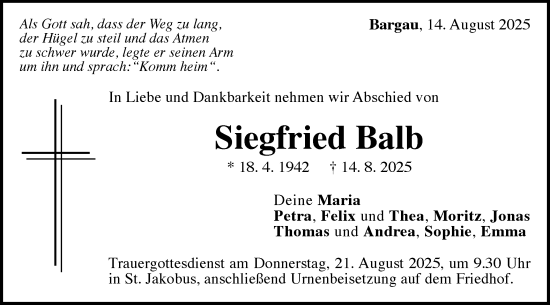 Traueranzeige von Siegfried Balb von Gmünder Tagespost