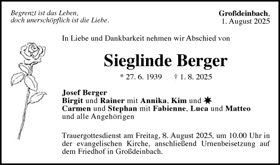 Traueranzeige von Sieglinde Berger von Gmünder Tagespost
