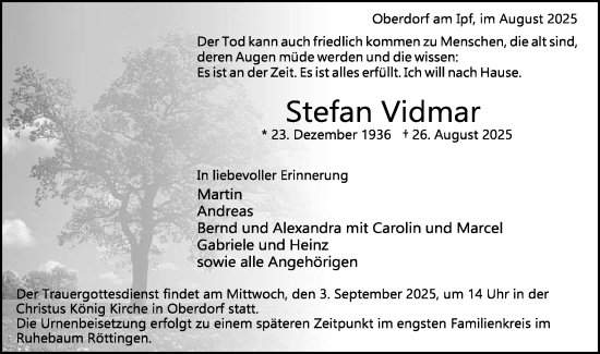 Traueranzeige von Stefan Vidmar von Schwäbische Post
