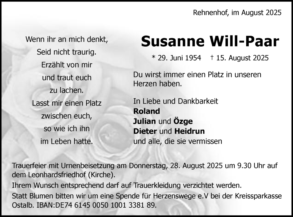  Traueranzeige für Susanne Will-Paar vom 25.08.2025 aus Gmünder Tagespost