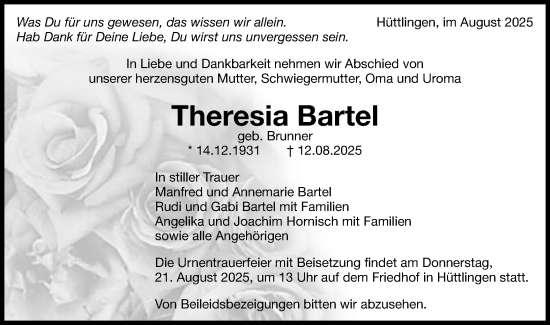 Traueranzeige von Theresia Bartel von Schwäbische Post