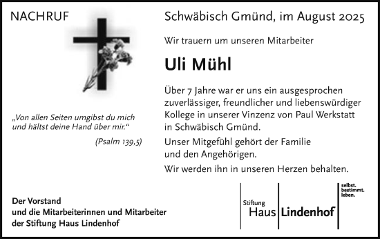 Traueranzeige von Uli Mühl von Gmünder Tagespost