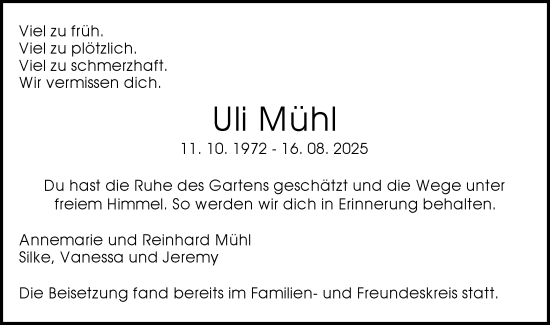 Traueranzeige von Uli Mühl von Gmünder Tagespost