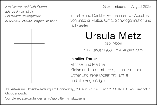 Traueranzeige von Ursula Metz von Gmünder Tagespost