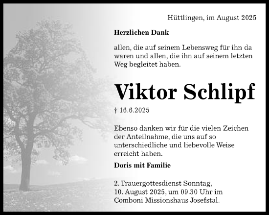 Traueranzeige von Viktor Schlipf von Schwäbische Post