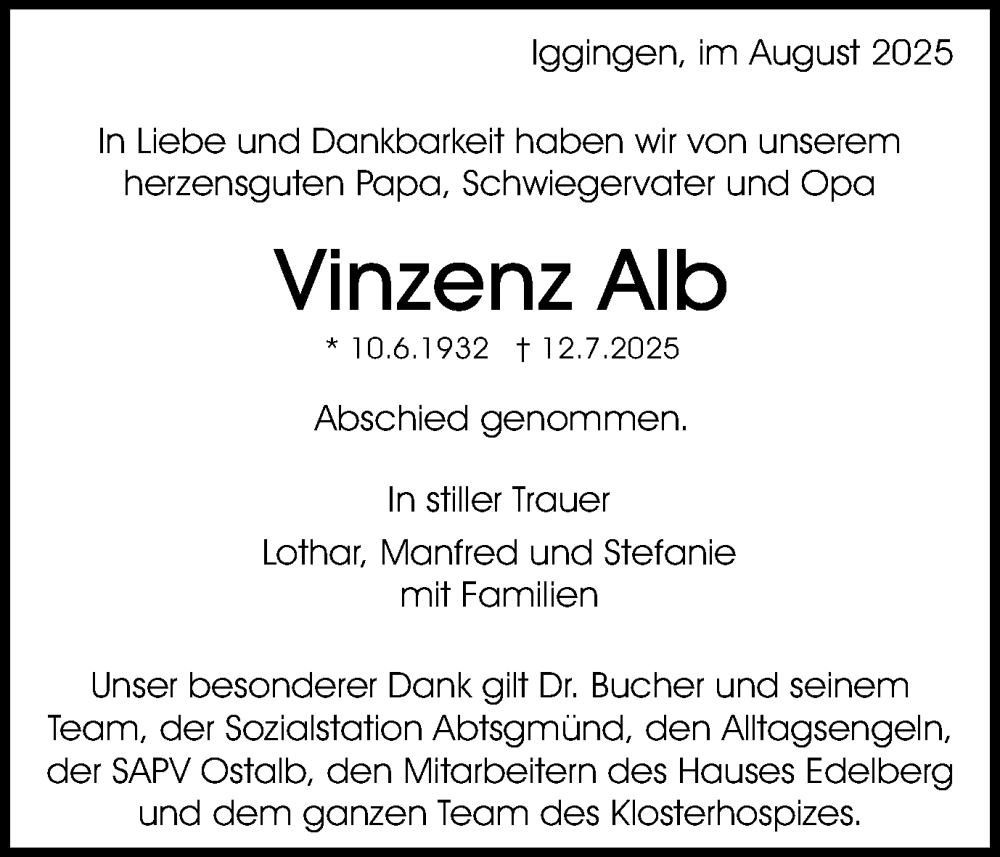 Traueranzeige für Vinzenz Alb vom 09.08.2025 aus Gmünder Tagespost