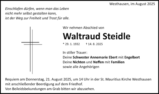 Traueranzeige von Waltraud Steidle von Schwäbische Post